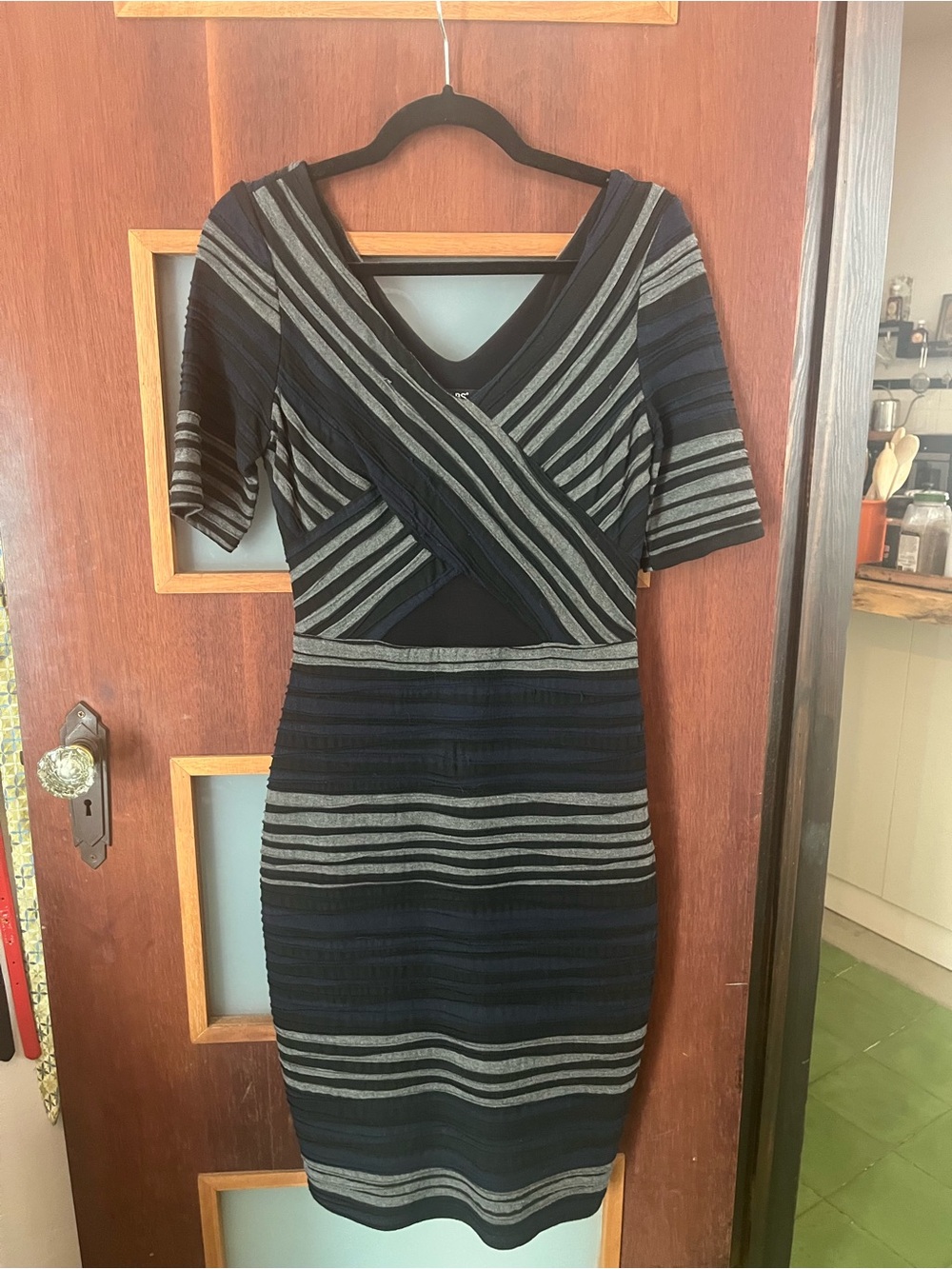 ABS Allen Schwartz Navy and Gray Striped Midi Sheath Dress